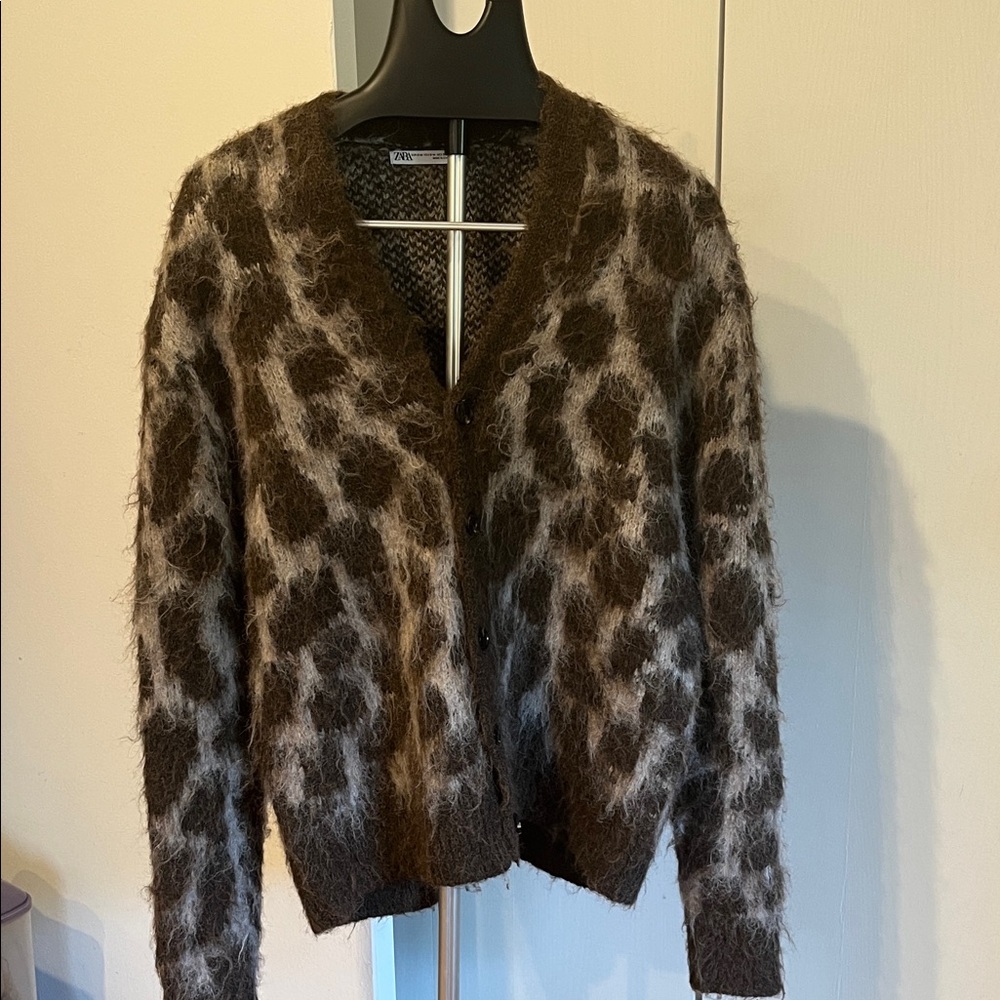 Zara Brown and Cream Fuzzy Animal-Print V-Neck Cardigan